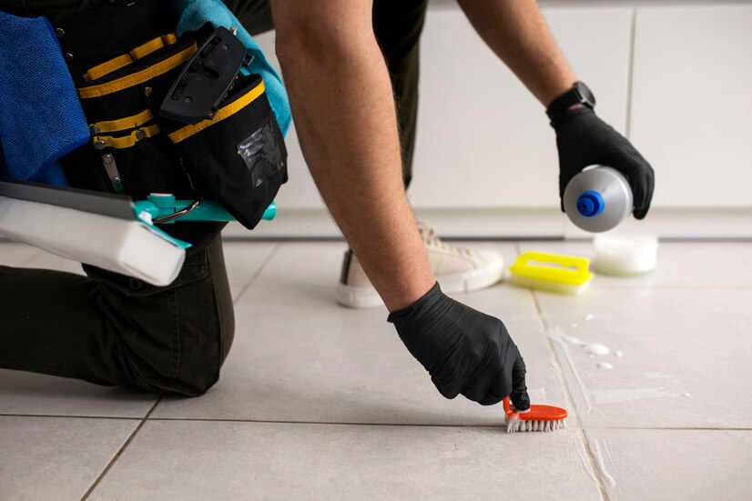 Person Cleaning Grout and Tile